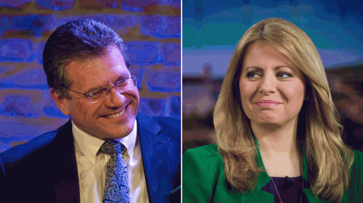 Zuzana Caputova (à direita), de 45 anos, disputou e venceu presidência da Eslováquia com Maros Sefcovic, de 52 anos - AFP