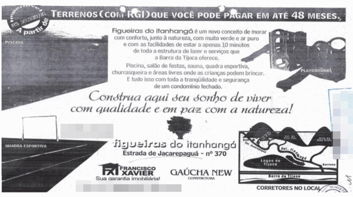 Anúncio da venda de terrenos no local onde ficava condomínio que desabou na Muzema, de 2006