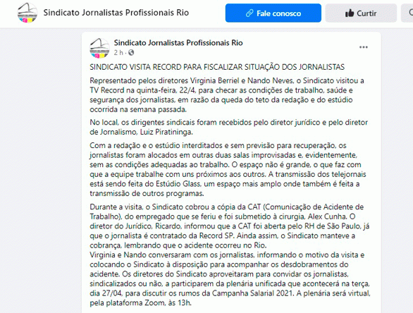 Sindicato dos Jornalistas vistoria instalações da Record Rio - Reprodução Facebook