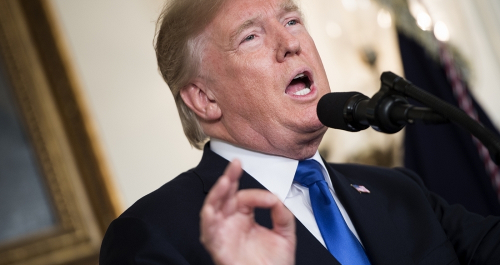 US President Donald Trump speaks about the Iran deal from the Diplomatic Reception room of the White House in Washington, DC, on October 13, 2017.
Trump announced he will not certify the Iran nuclear deal and warned that the US could leave the Iran deal 'at any time.' / AFP PHOTO / Brendan Smialowski