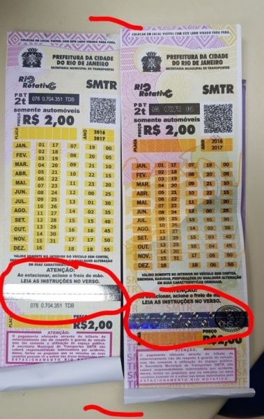 O t&iacute;quete oficial (da direita) tem a marca d&aacute;gua na faixa prateada