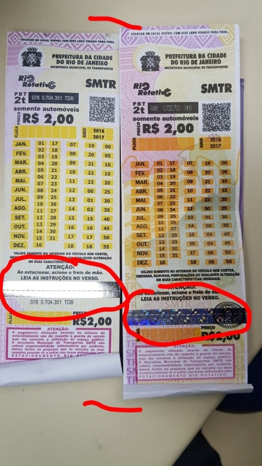 Quadrilha falsifica bilhetes (talões) falsificados de estacionamento Rio Rotativo Vaga Certa. Veja como identificar