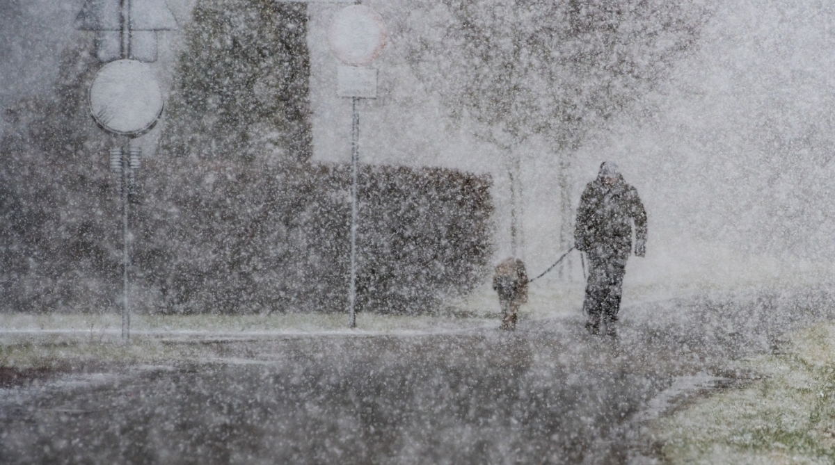 Um homem passeia com o seu cão sob intensa nevasca em Straubing, sul da Alemanha. A Europa vem registrando temperaturas gélidas - AFP/Armin Weigel