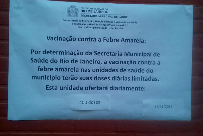 Postos da Prefeitura do Rio limitam o número de doses diárias para a febre amarela - Agência O Dia