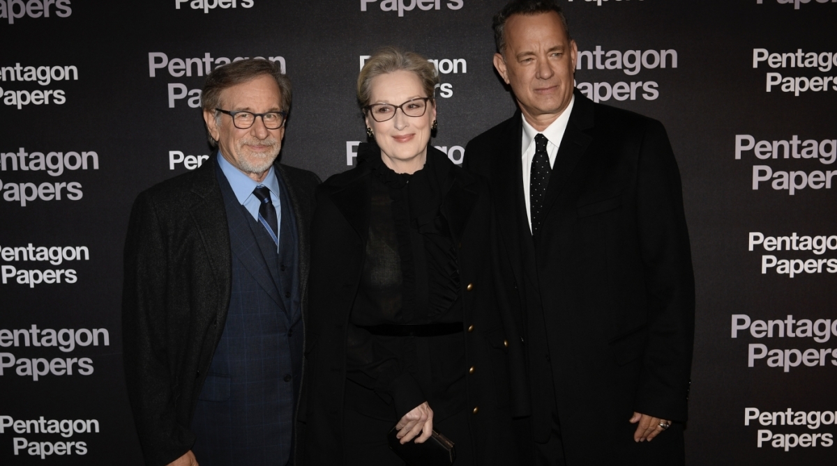 (FILES) This file photo taken on January 13, 2018 shows (From L) US film director Steven Spielberg, US actress Meryl Streep and US actor Tom Hanks, attending the premiere of The Pentagon Papers (The Post) in Paris.
In a time where journalists are accused of promoting "fake news", Steven Spielberg, Meryl Streep and Tom Hanks use the popularity of Hollywood to promote the press and media in the world with their new film "Pentagon Papers". The film will be shown in French cinemas from January 24, 2018. / AFP PHOTO / Philippe LOPEZ