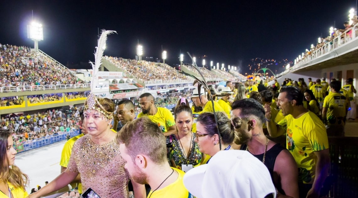 David Brazil (com pluma na cabe�a) foi um dos mais animados no camarote do DIA, durante o desfile do Grupo Especial no Samb�dromo