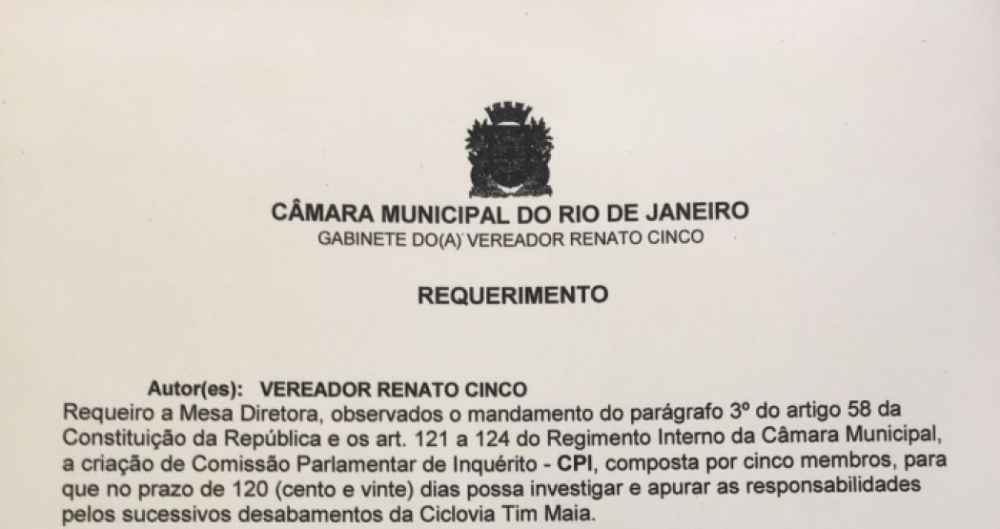 Vereador pede abertura de CPI da constru��o da Ciclovia Tim Maia