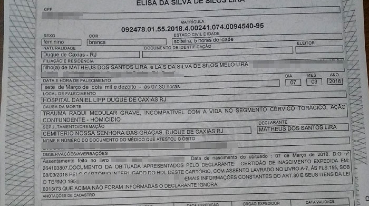 Certidão de óbito de Elisa consta que a morte como homicídio. Polícia Civil está investigando o caso