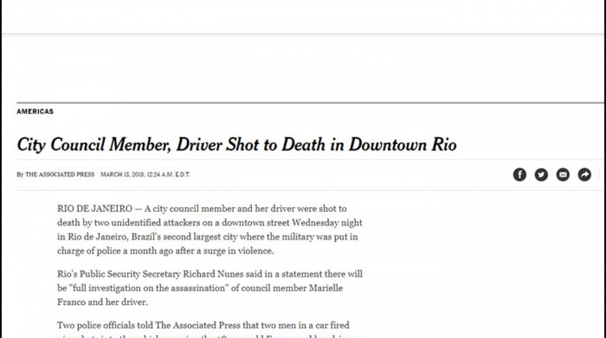 Assassinato de Marielle Franco também foi destaque no New York Times