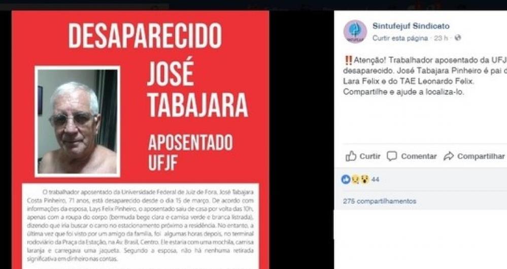 Aposentado de 71 anos está desaparecido desde o dia 15 de março, quando foi visto em Juiz de Fora (MG).