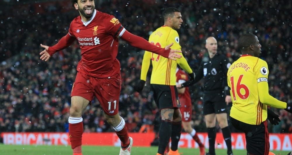 Mohamed Salah comemora um de seus quatro gols sobre o Watford