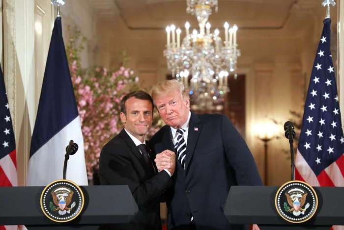 O presidente americano, Donald Trump, e o presidente franc�s, Emmanuel Macron, participam de coletiva de imprensa na Casa Branca em Washington 