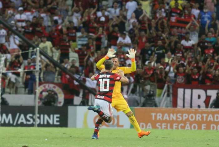 Ap�s marcar o terceiro gol, Diego cumprimenta o goleiro Diego Alves, antes de se jogar nos bra�os da torcida