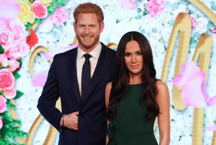 Est�tuas de cera do pr�ncipe Harry da Gr�-Bretanha e sua noiva dos EUA Meghan Markle no Madame Tussauds no centro de Londres 