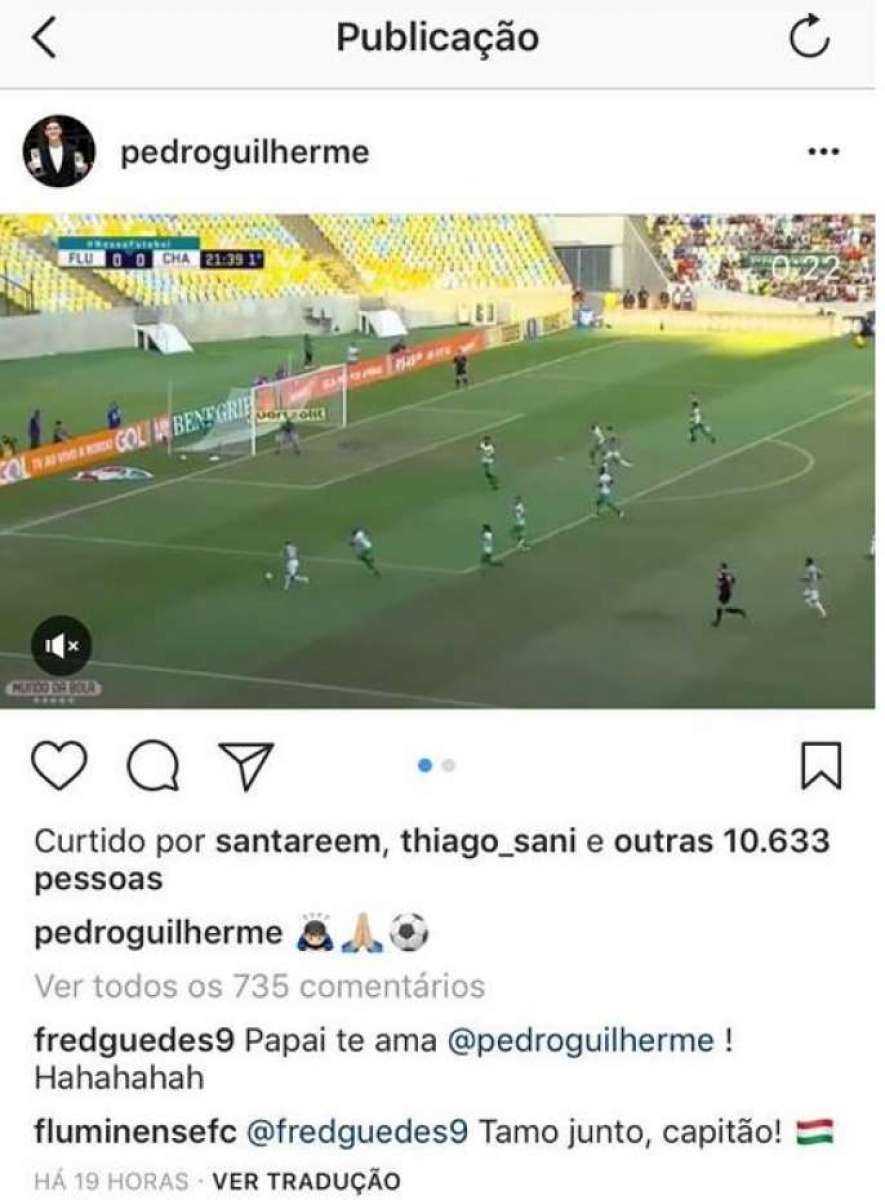 Fred declara orgulho por Pedro em rede social