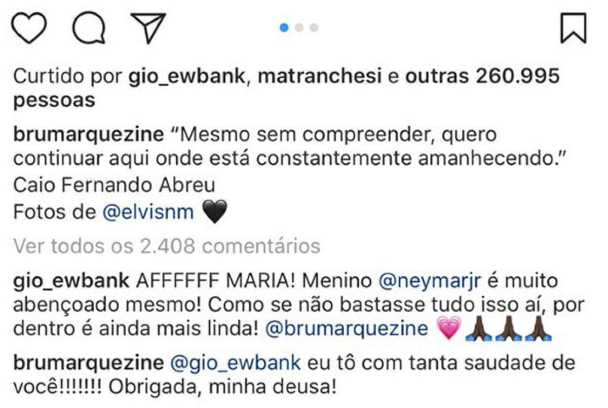 Bruna Marquezine posa de lingerie e recebe elogio de Giovanna Ewbank: 'Neymar é abençoado'
