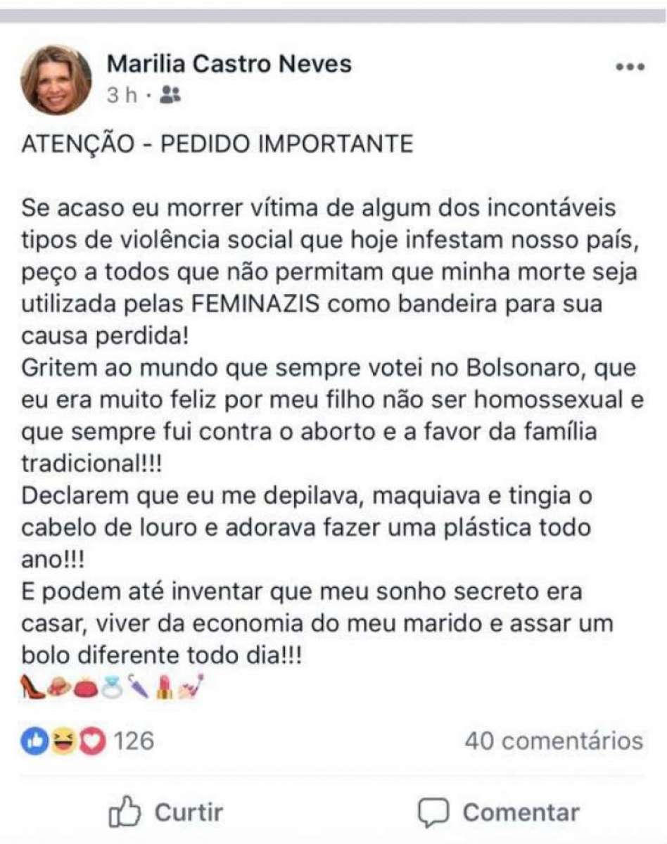 Postagem de Marília Neves com ataque a feministas causou polêmica