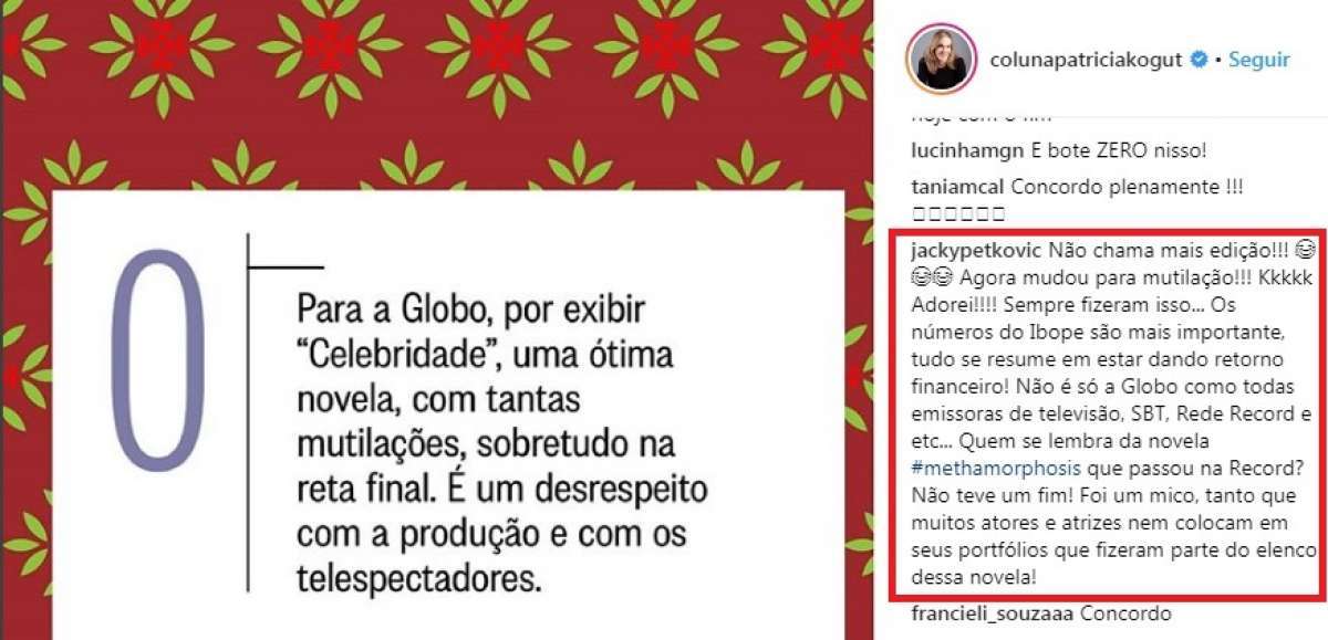A apresentadora Jackeline Petkovic critica trama de novela que participou em publica&ccedil;&atilde;o da colunista Patr&iacute;cia Kogut