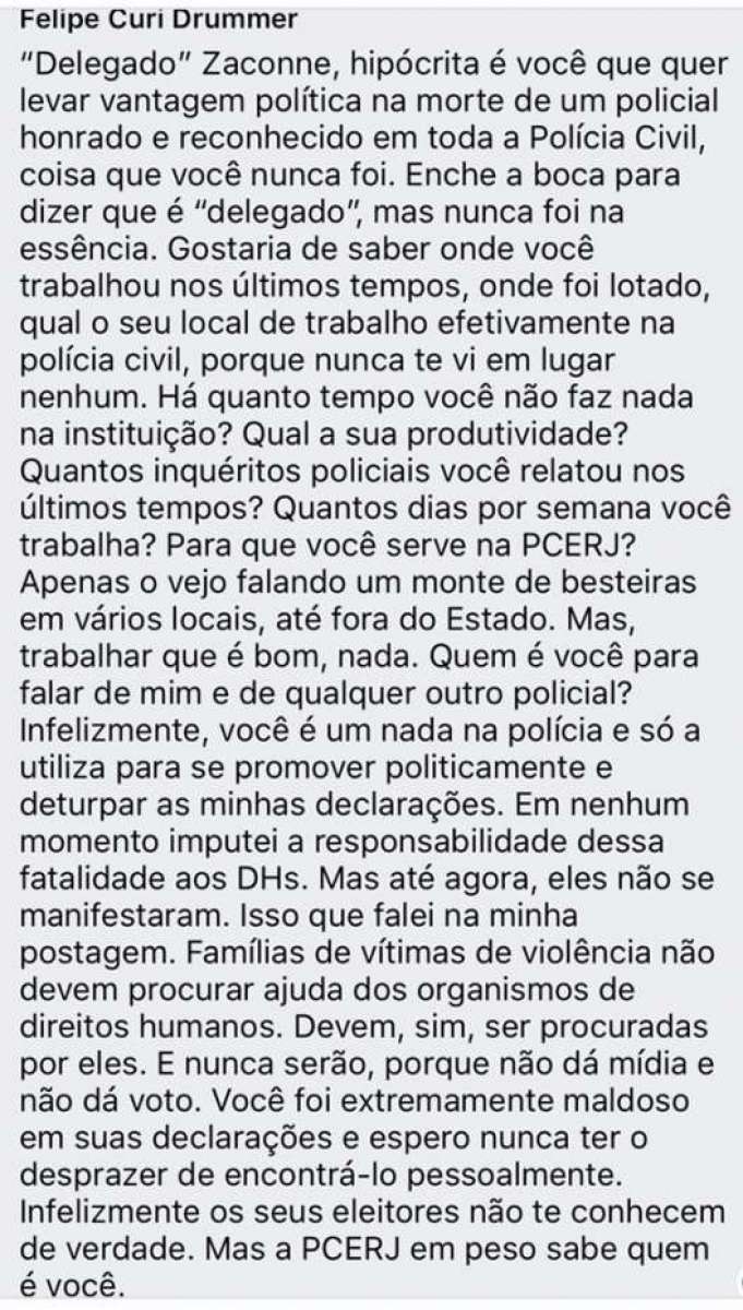 Felipe Curi criticou Zaccone em texto no Facebook