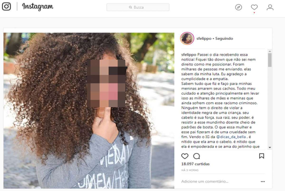 Samara Felippo se posicinou sobre o ocorrido. Atriz tem duas filhas com ascendência negra e com cabelos cacheados e costuma compartilhar textos sobre representatividade negra e empoderamento infantil