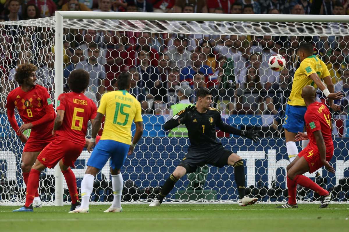 Belgium players celebrate their second goal during the Russia 2018 World Cup quarter-final football match between Brazil and Belgium at the Kazan Arena in Kazan on July 6, 2018. / AFP PHOTO / Jewel SAMAD / RESTRICTED TO EDITORIAL USE - NO MOBILE PUSH ALERTS/DOWNLOADS