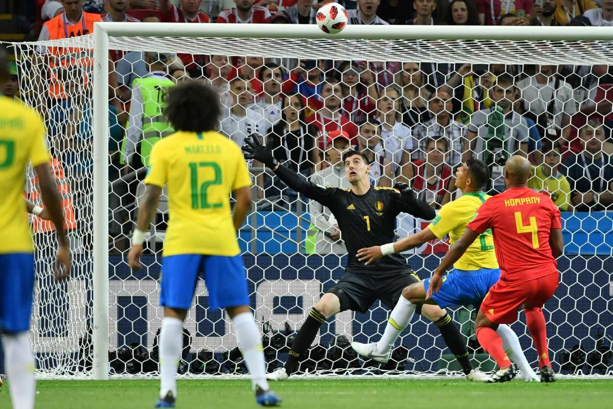 Belgium players celebrate their second goal during the Russia 2018 World Cup quarter-final football match between Brazil and Belgium at the Kazan Arena in Kazan on July 6, 2018. / AFP PHOTO / Jewel SAMAD / RESTRICTED TO EDITORIAL USE - NO MOBILE PUSH ALERTS/DOWNLOADS