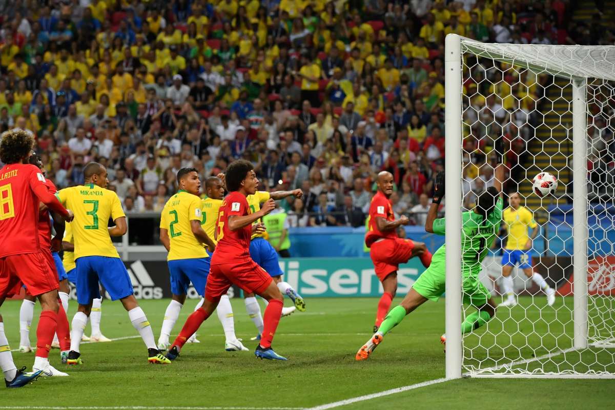 Belgium players celebrate their second goal during the Russia 2018 World Cup quarter-final football match between Brazil and Belgium at the Kazan Arena in Kazan on July 6, 2018. / AFP PHOTO / Jewel SAMAD / RESTRICTED TO EDITORIAL USE - NO MOBILE PUSH ALERTS/DOWNLOADS