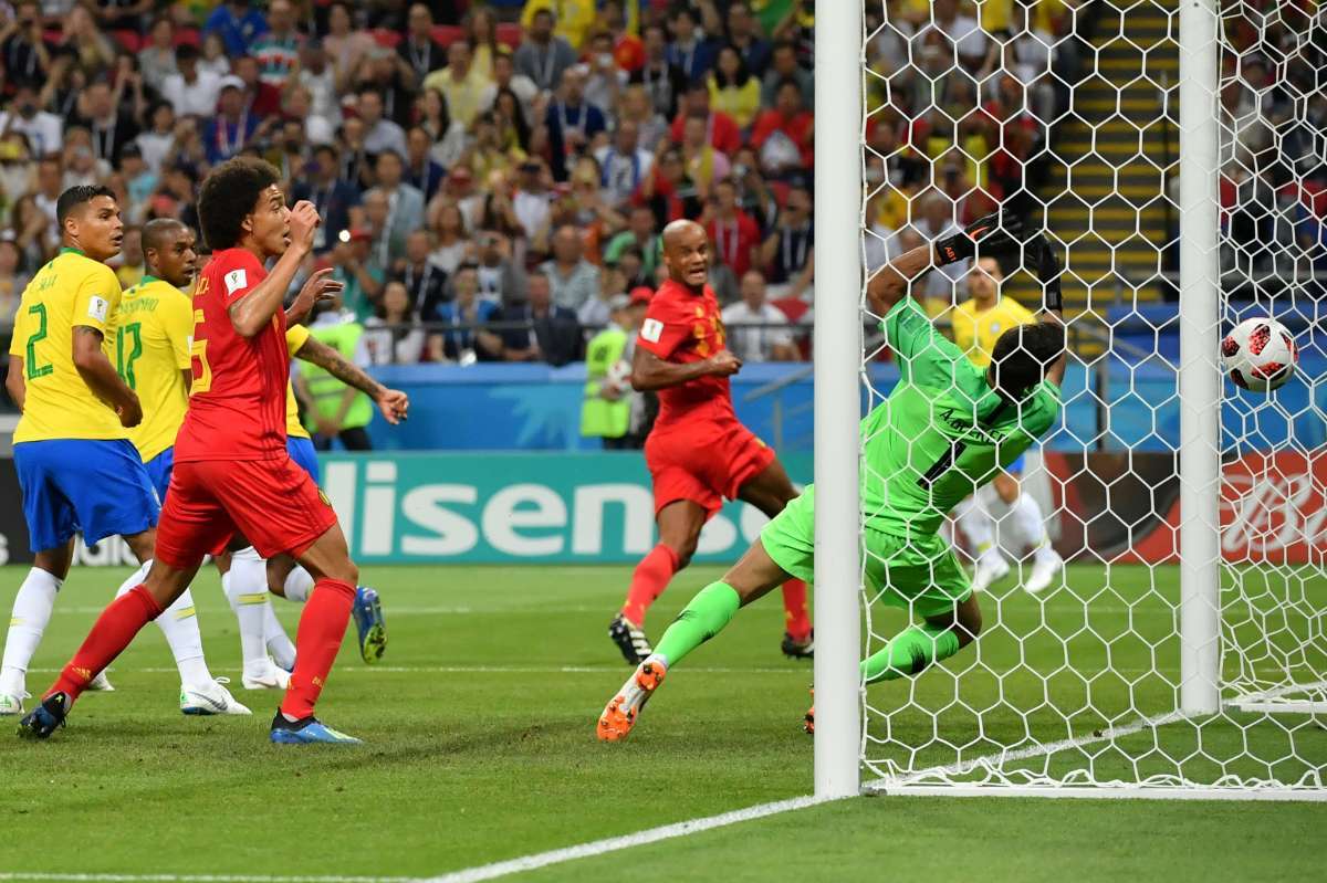 Belgium players celebrate their second goal during the Russia 2018 World Cup quarter-final football match between Brazil and Belgium at the Kazan Arena in Kazan on July 6, 2018. / AFP PHOTO / Jewel SAMAD / RESTRICTED TO EDITORIAL USE - NO MOBILE PUSH ALERTS/DOWNLOADS