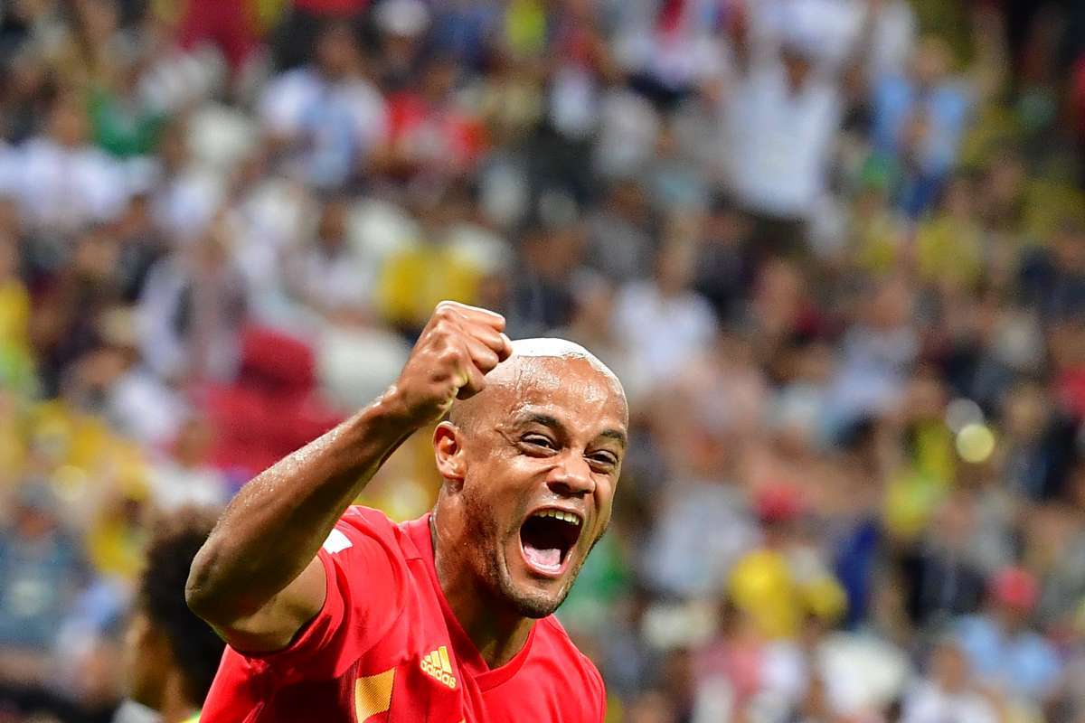 Belgium players celebrate their second goal during the Russia 2018 World Cup quarter-final football match between Brazil and Belgium at the Kazan Arena in Kazan on July 6, 2018. / AFP PHOTO / Jewel SAMAD / RESTRICTED TO EDITORIAL USE - NO MOBILE PUSH ALERTS/DOWNLOADS