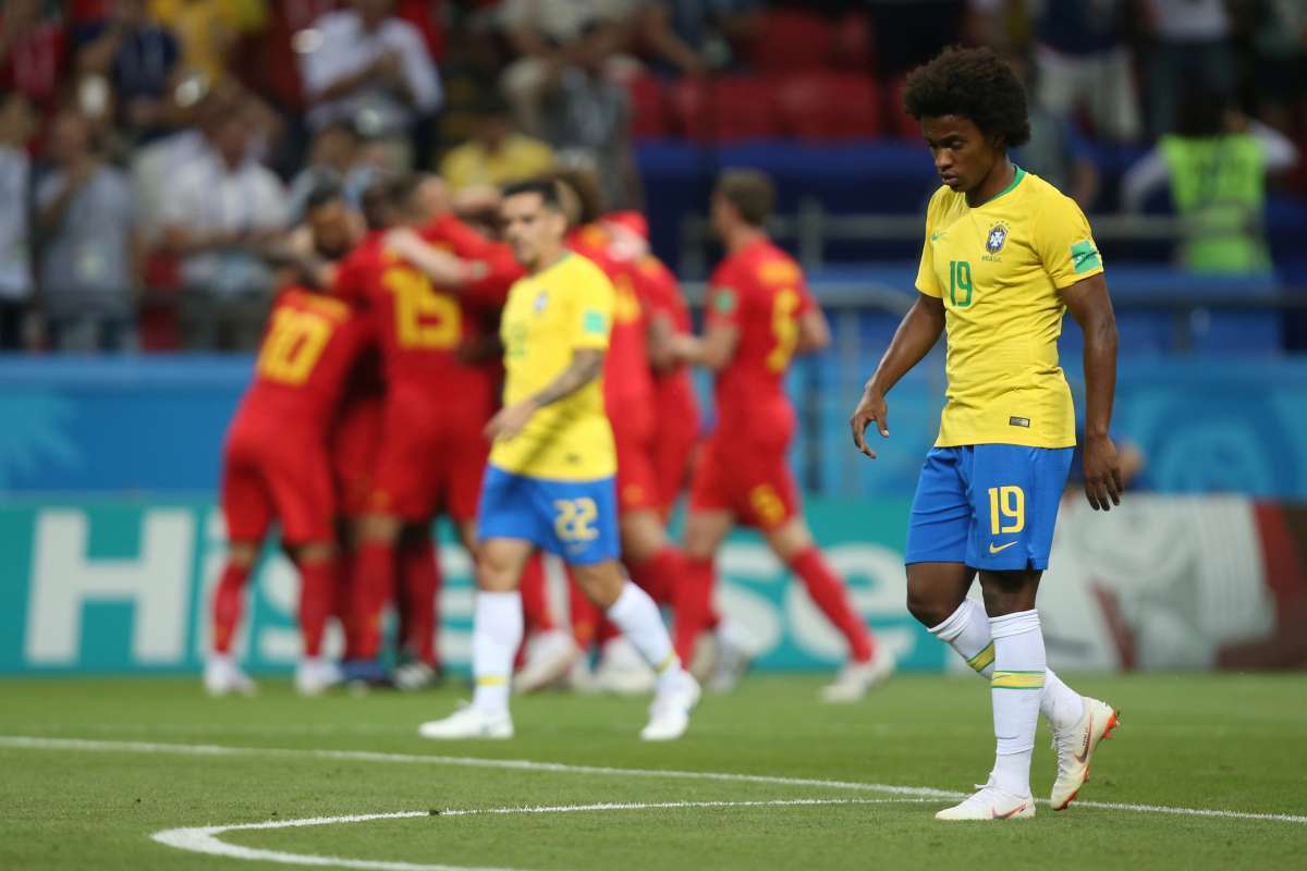 Belgium players celebrate their second goal during the Russia 2018 World Cup quarter-final football match between Brazil and Belgium at the Kazan Arena in Kazan on July 6, 2018. / AFP PHOTO / Jewel SAMAD / RESTRICTED TO EDITORIAL USE - NO MOBILE PUSH ALERTS/DOWNLOADS