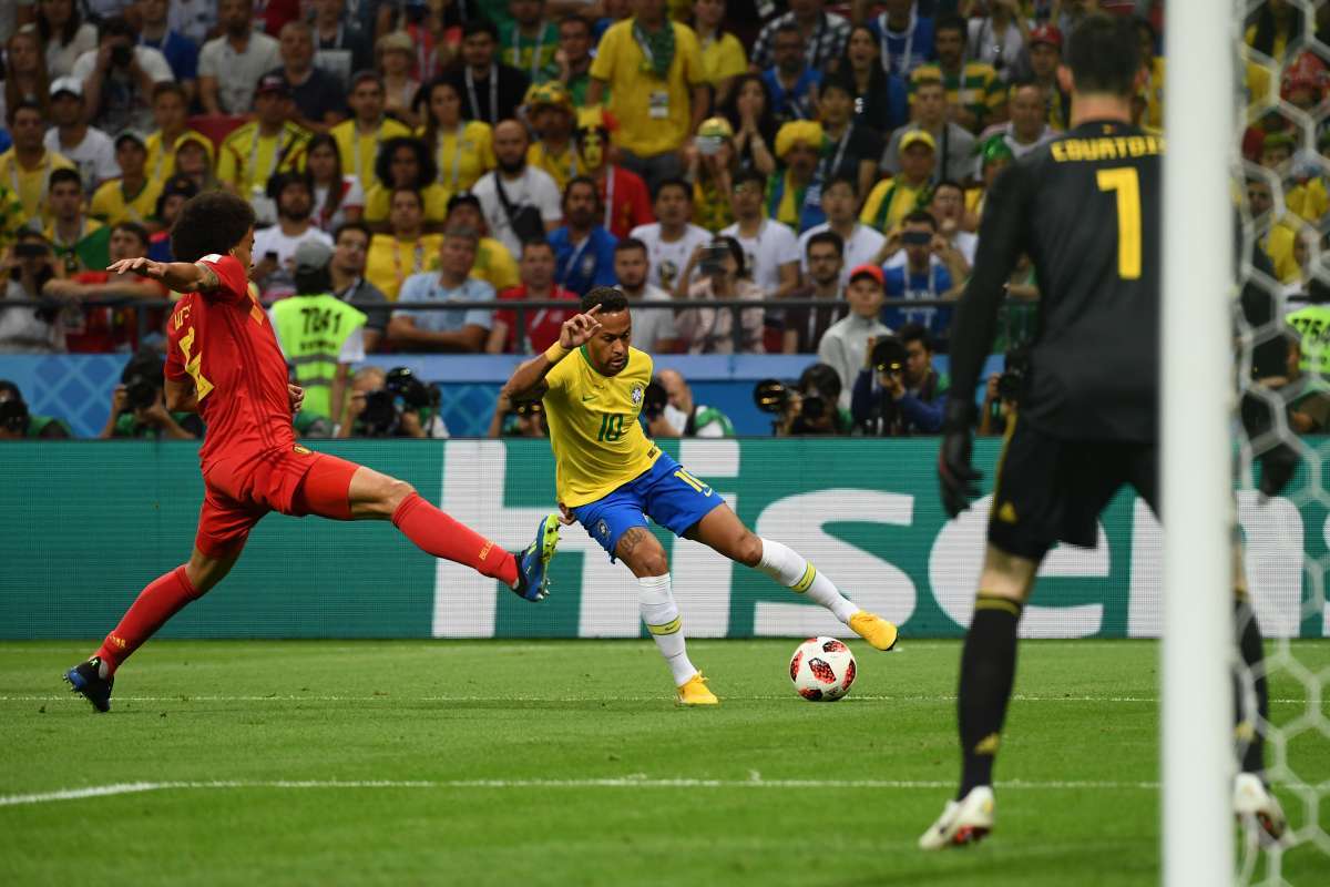 Belgium players celebrate their second goal during the Russia 2018 World Cup quarter-final football match between Brazil and Belgium at the Kazan Arena in Kazan on July 6, 2018. / AFP PHOTO / Jewel SAMAD / RESTRICTED TO EDITORIAL USE - NO MOBILE PUSH ALERTS/DOWNLOADS
