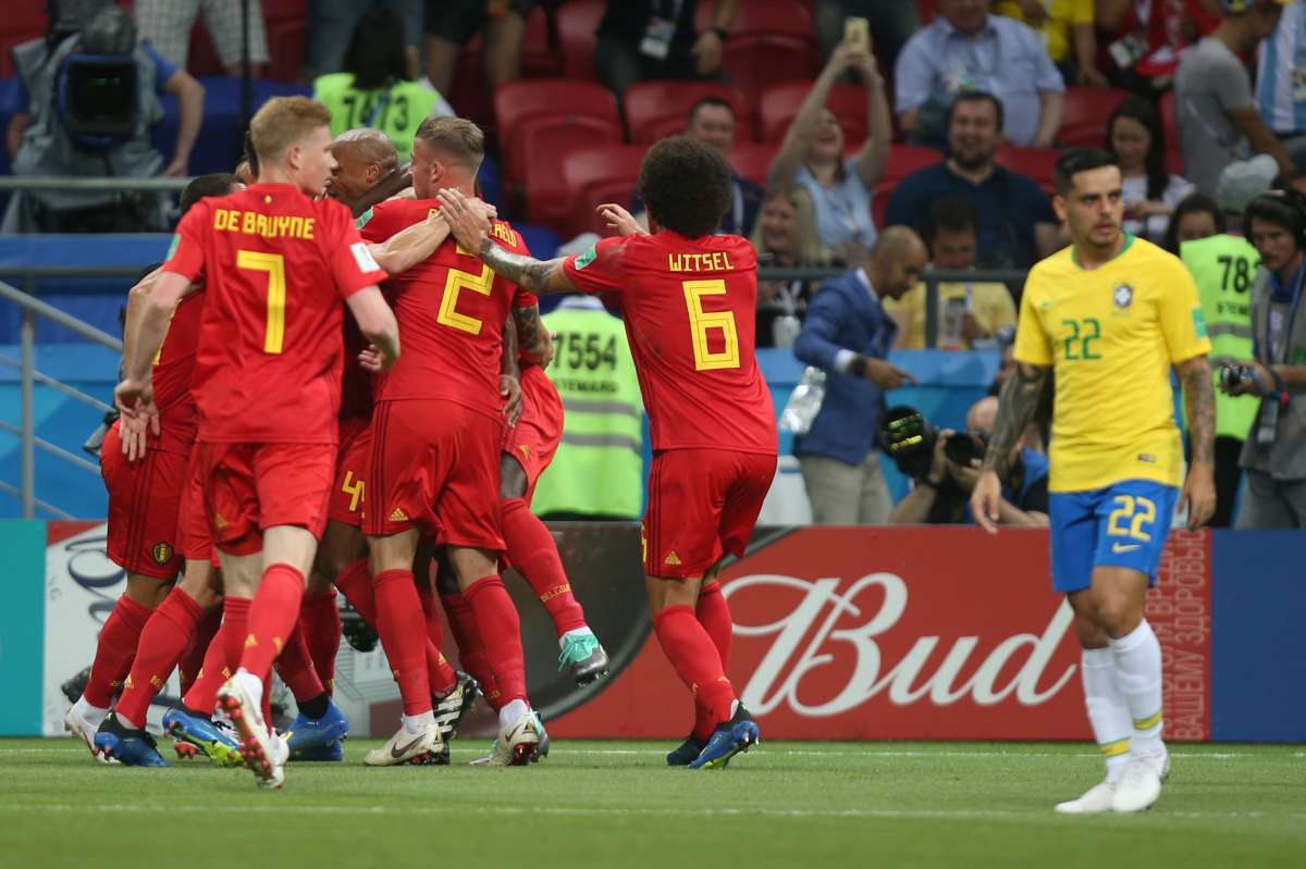 Belgium players celebrate their second goal during the Russia 2018 World Cup quarter-final football match between Brazil and Belgium at the Kazan Arena in Kazan on July 6, 2018. / AFP PHOTO / Jewel SAMAD / RESTRICTED TO EDITORIAL USE - NO MOBILE PUSH ALERTS/DOWNLOADS
