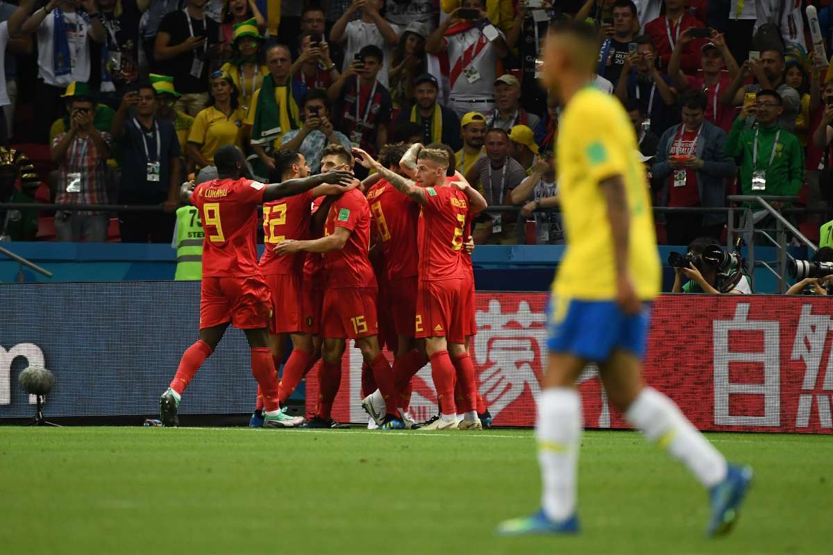 Belgium players celebrate their second goal during the Russia 2018 World Cup quarter-final football match between Brazil and Belgium at the Kazan Arena in Kazan on July 6, 2018. / AFP PHOTO / Jewel SAMAD / RESTRICTED TO EDITORIAL USE - NO MOBILE PUSH ALERTS/DOWNLOADS