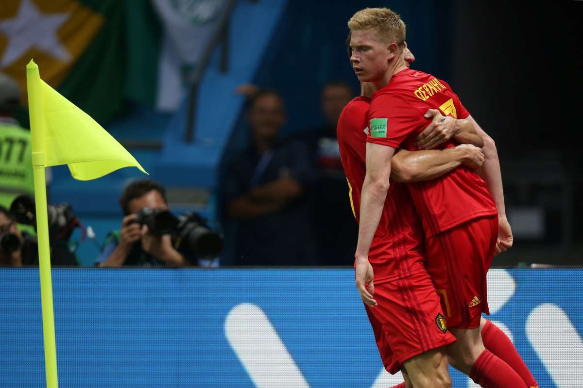 Belgium players celebrate their second goal during the Russia 2018 World Cup quarter-final football match between Brazil and Belgium at the Kazan Arena in Kazan on July 6, 2018. / AFP PHOTO / Jewel SAMAD / RESTRICTED TO EDITORIAL USE - NO MOBILE PUSH ALERTS/DOWNLOADS
