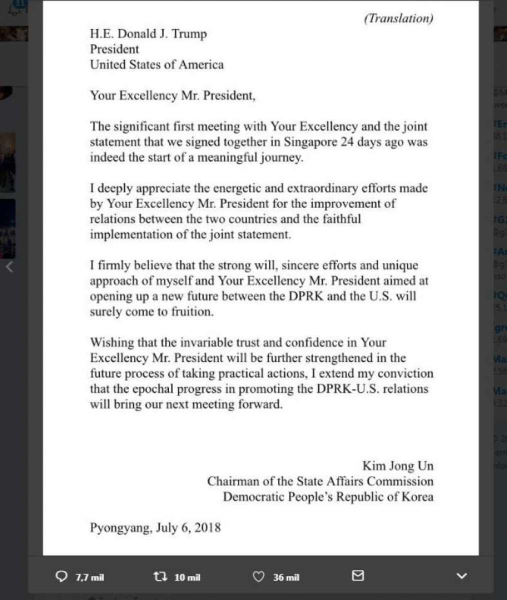 Donald Trump compartilha no Twitter carta de Kim Jong-un: 'Uma nota muito legal do Presidente Kim da Coreia do Norte. Grande progresso sendo feito!'