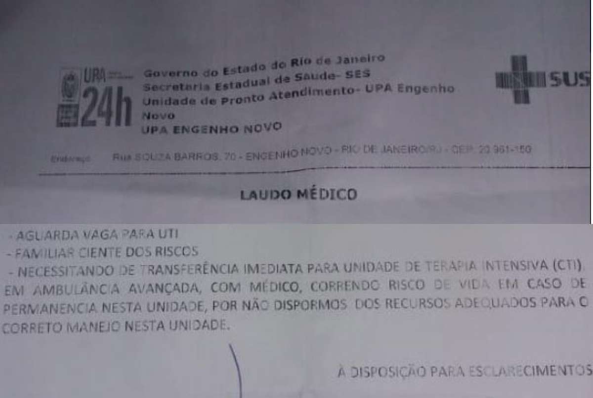 Laudo de médico de UPA atesta que idosa precisava de transferência com urgência para UTI