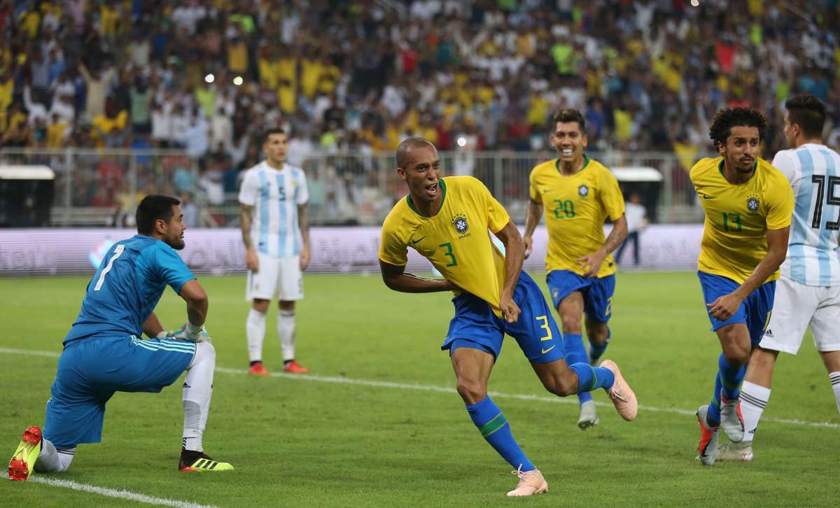 Brazil's defender Miranda (2nd-L) celebrates after scoring a goal during the friendly football match Brazil vs Argentina at the King Abdullah Sport City Stadium in Jeddah on October 16, 2018. (Photo by - / AFP)