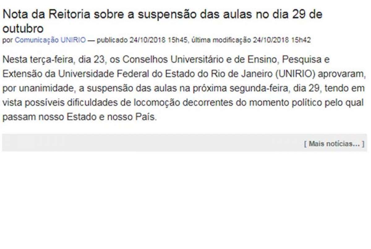 Nota publicada pela reitoria da Unirio nesta quarta-feira