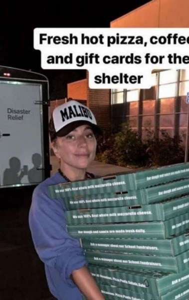 Imagem do stories da cantora. Lady Gaga levou pizza e café para os desabrigados do incêndio em Malibu
