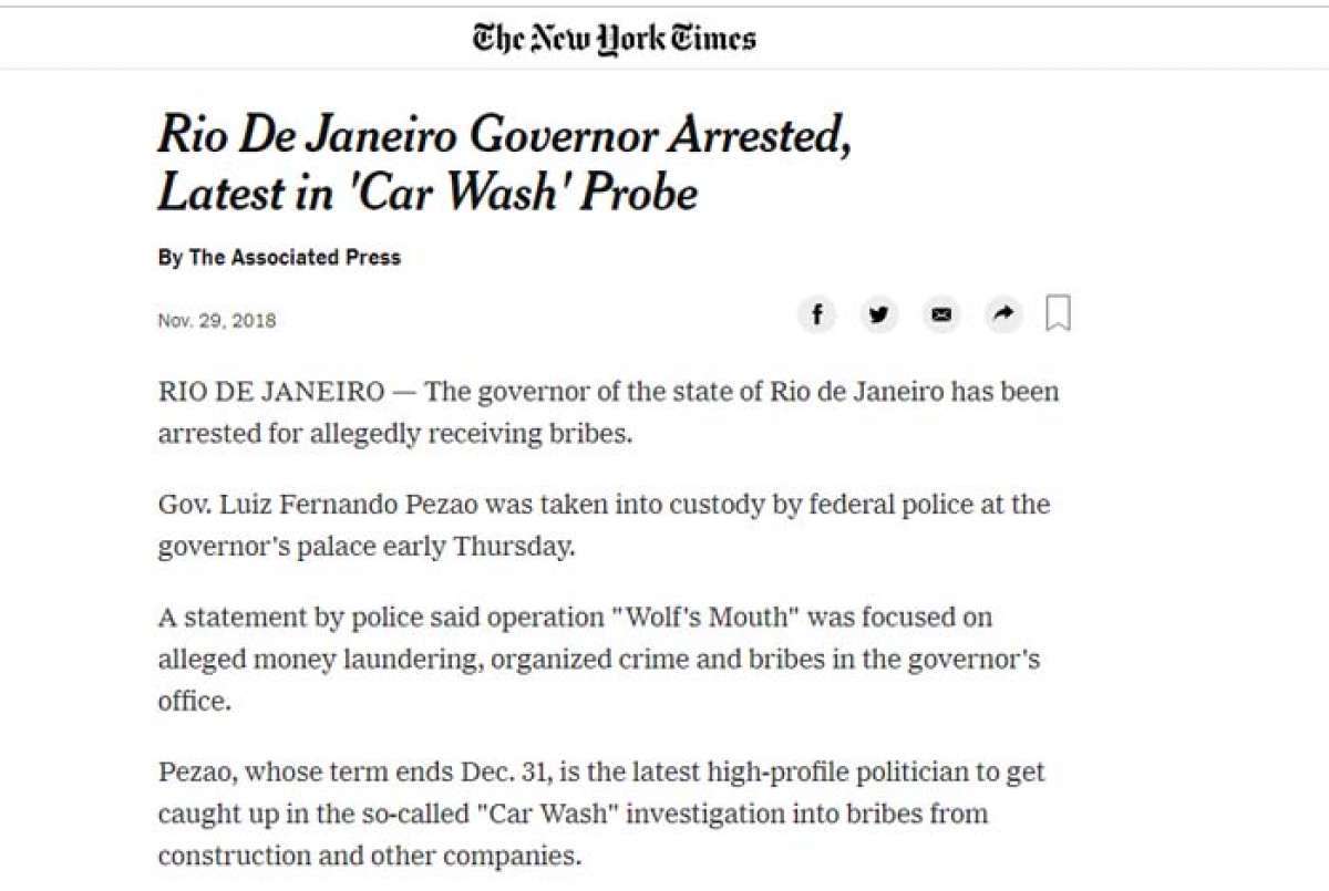 BBC noticiou a prisão de Luiz Fernando Pezão 