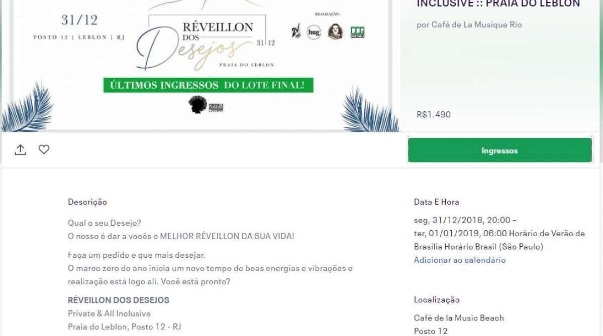 Ingressos anunciados como sendo do Café de La Musique Rio por R$1490,00