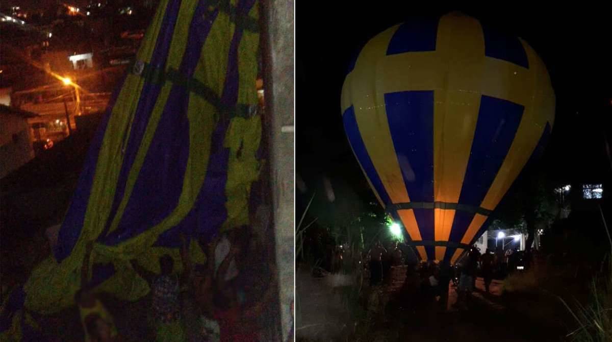 Momento em que o balão é preparado para ser lançado no ar