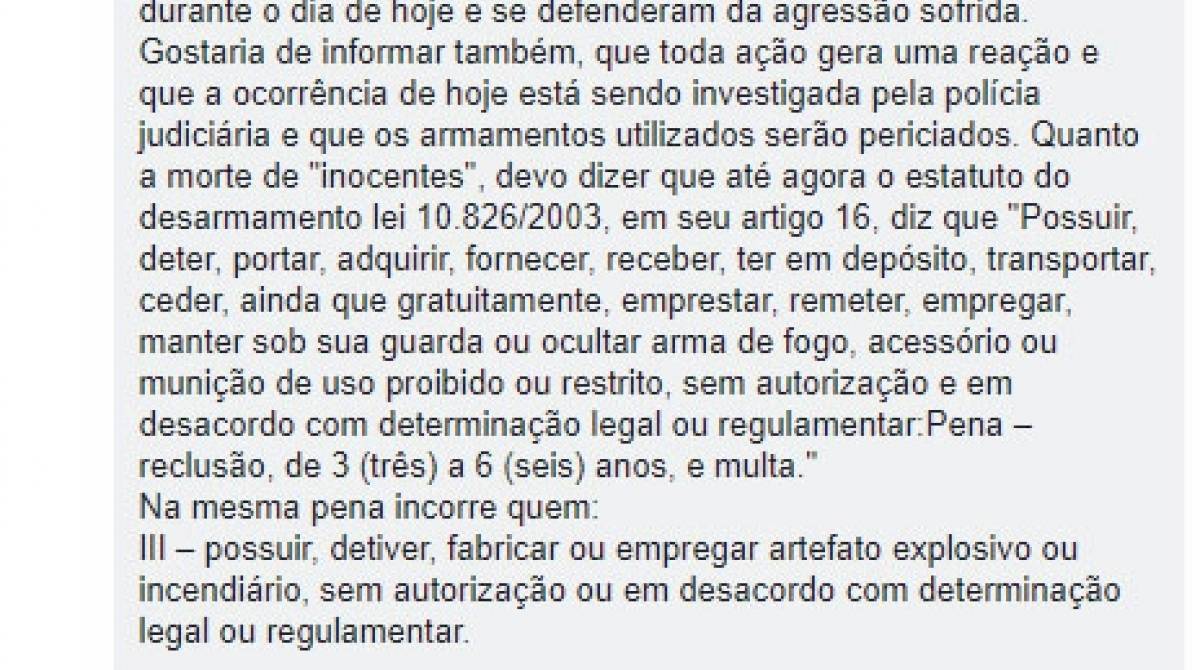 A postagem do perfil da UPP Tabajaras no Facebook