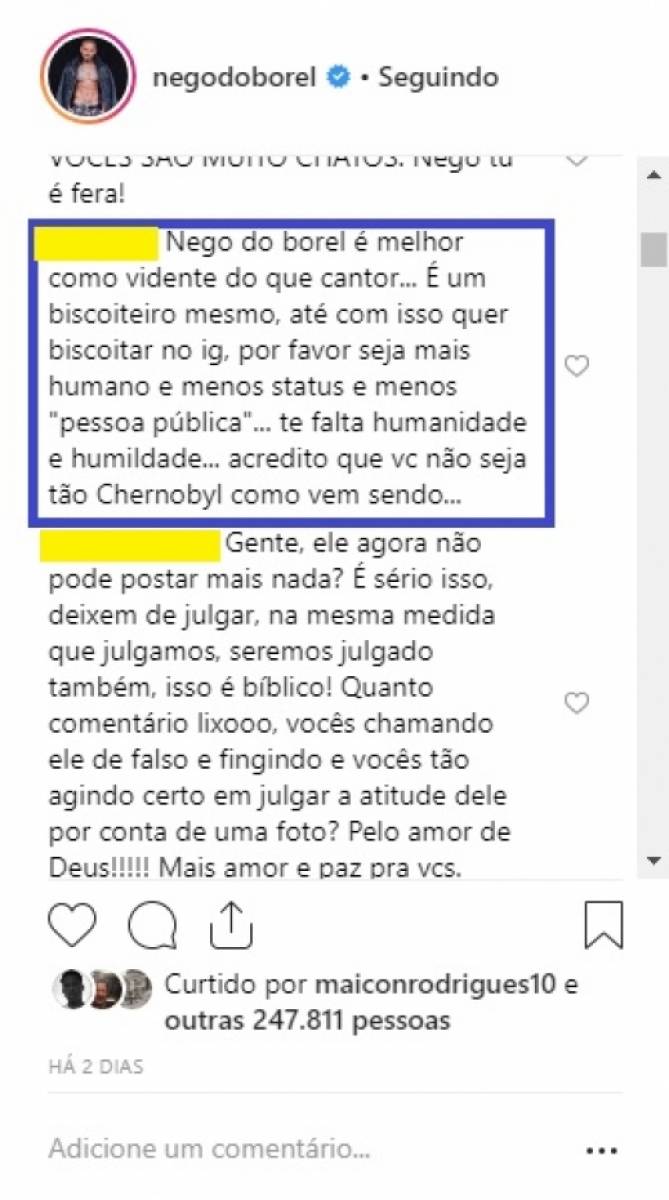 Comentário feito por seguidor de Nego do Borel no Instagram