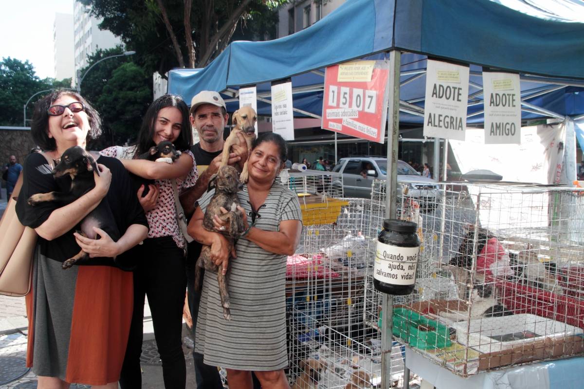 Rio de Janeiro 30/01/2019 - Projeto Amor aos animais das comunidades. Barraca de doacao de animais montada na calcada da rua Marques de Abrantes em frente ao numero 142.Na foto: Carla Zacconi, Luisa Baldanza, Joelson Torres e Anna Buccino, coordenadora do projeto.Foto: Fernanda Dias / Agencia O Dia.
