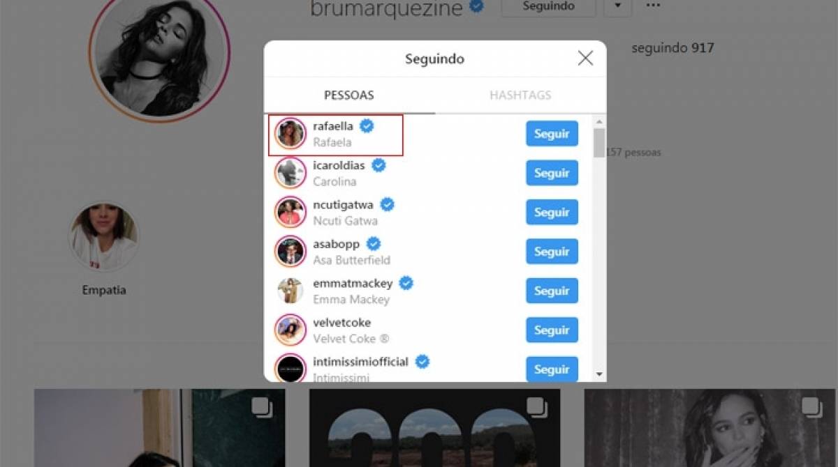 Bruna Marquezine passou a seguir Rafaella Santos, irmã de Neymar