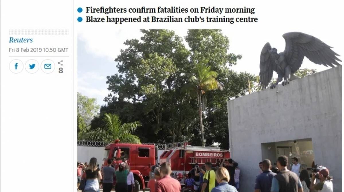The Guardian destaca em sua capa que um incêndio ocorreu no Ninho do Urubu, um centro de treinamento de última geração que foi ampliado e inaugurado há apenas dois meses