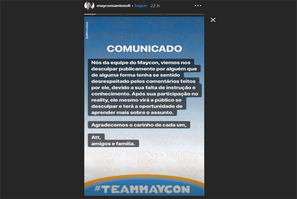 Familiares se desculpam por comentários de Maycon durante o reality 