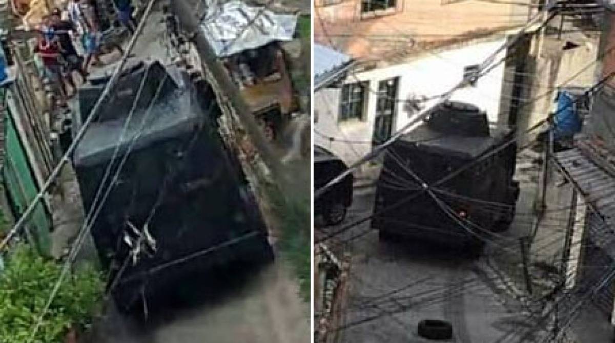 O blindado da PM em uma das comunidades