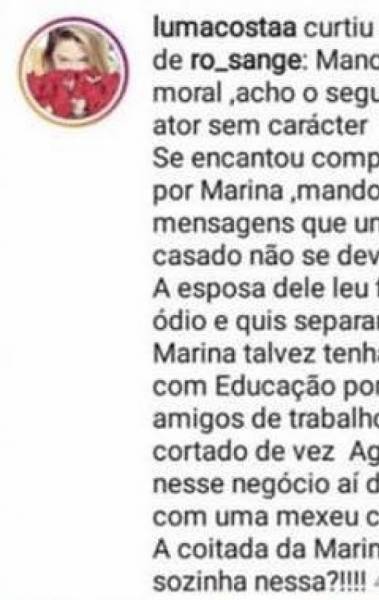 Luma Costa curtiu comentário de fã chamando José Loreto de 'sem caráter'